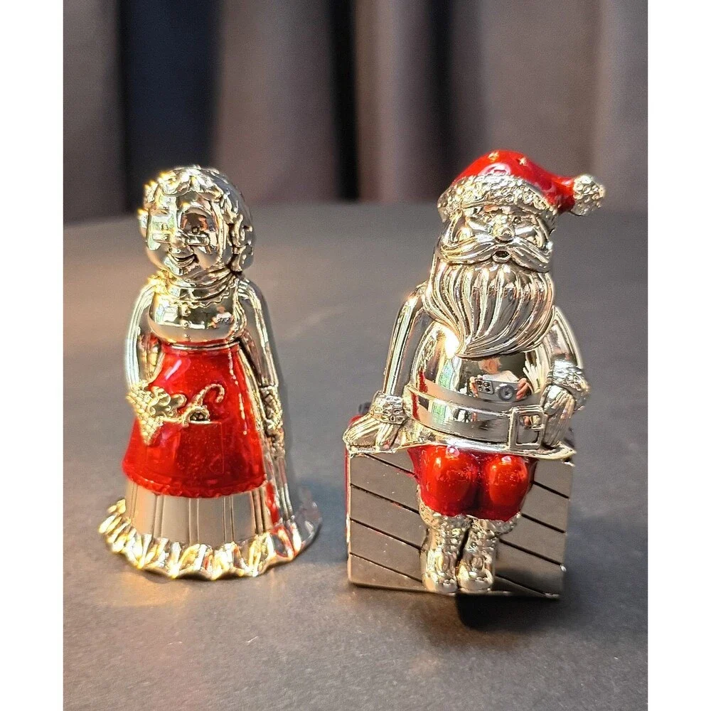 Brilliant Silver Plated Bright Red Salt & Pepper Shakers, Mr &Mrs Clause, New